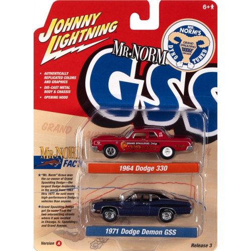 Johnny Lightning Twin Packs 2022 Release 3A - Mr. Norm 1964 Dodge 330 and 1971 Dodge Demon GSS
