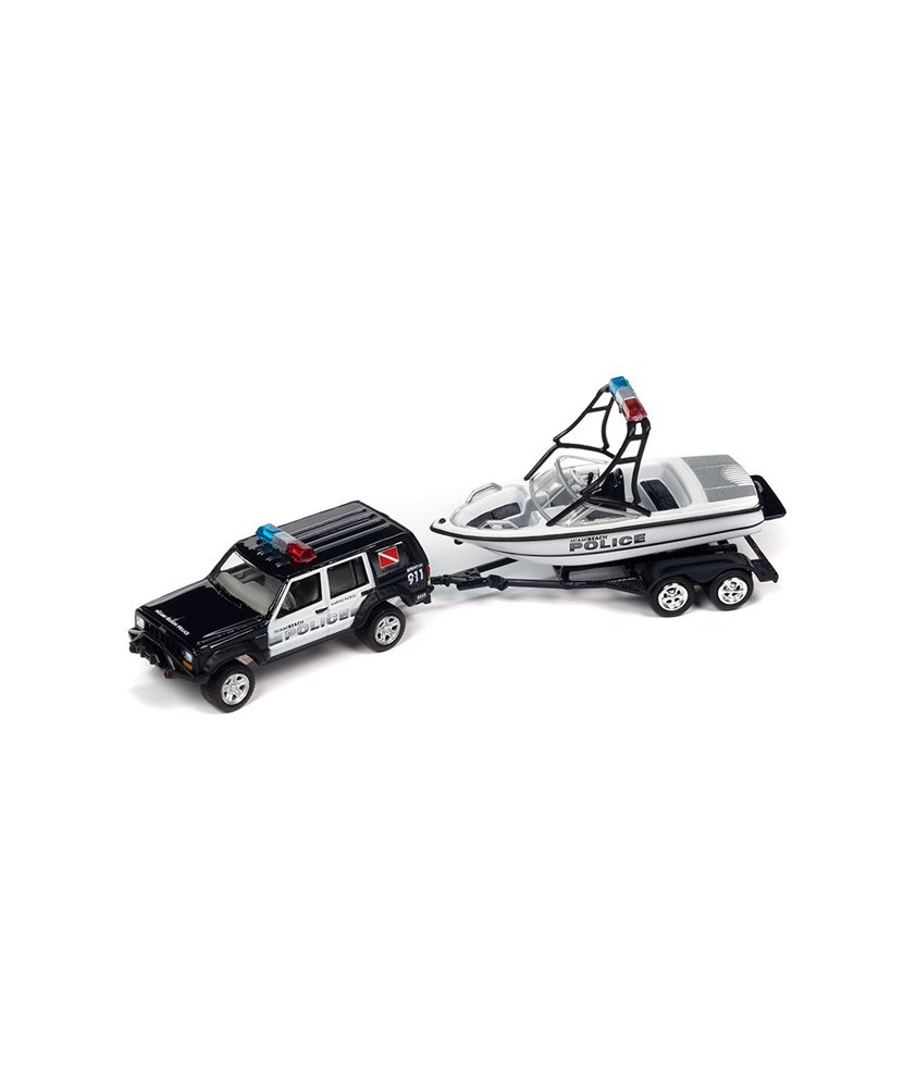 Johnny Lightning Truck and Trailer 2023 Release 2A - 1988 Jeep Cherokee with Mastercraft Boat and Trailer