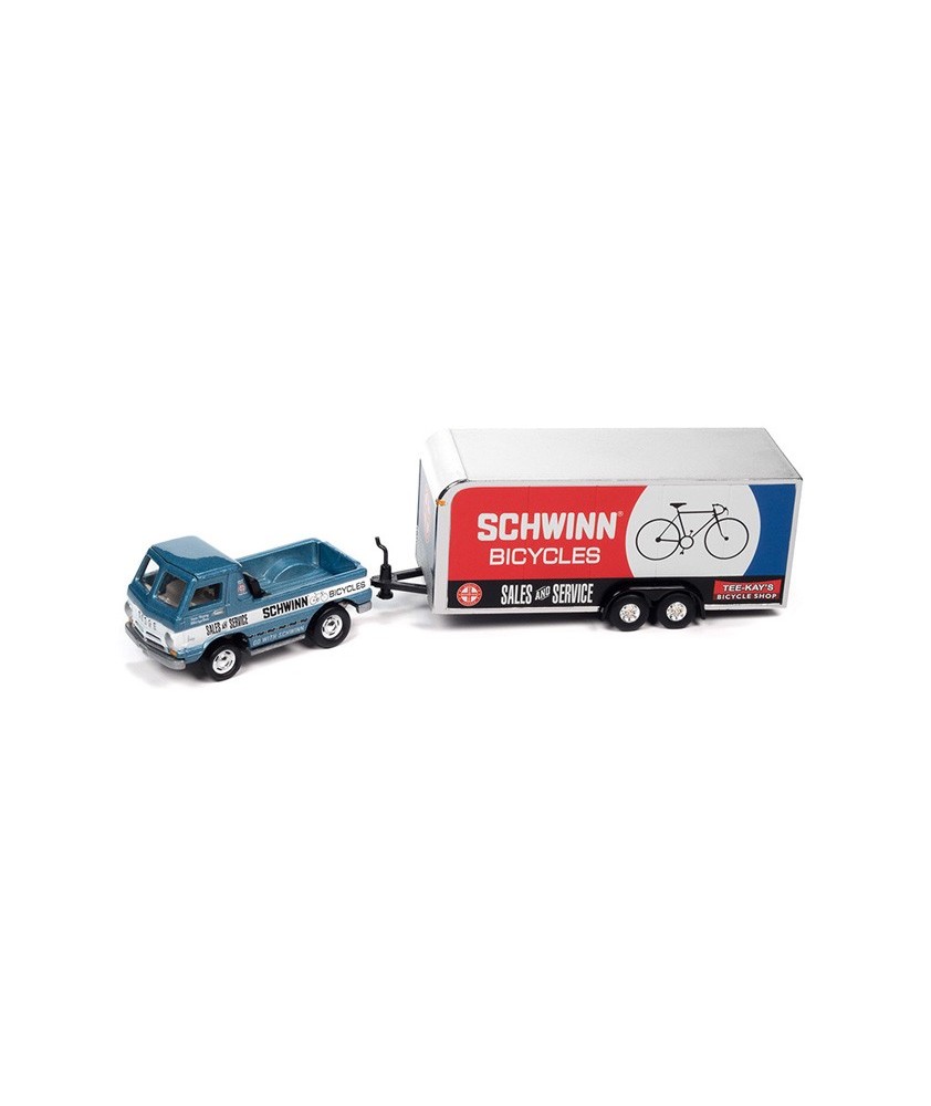 Johnny Lightning Truck and Trailer 2023 Release 2B - 1960 Dodge A-100 Pickup Truck with Enclosed Trailer Schwinn