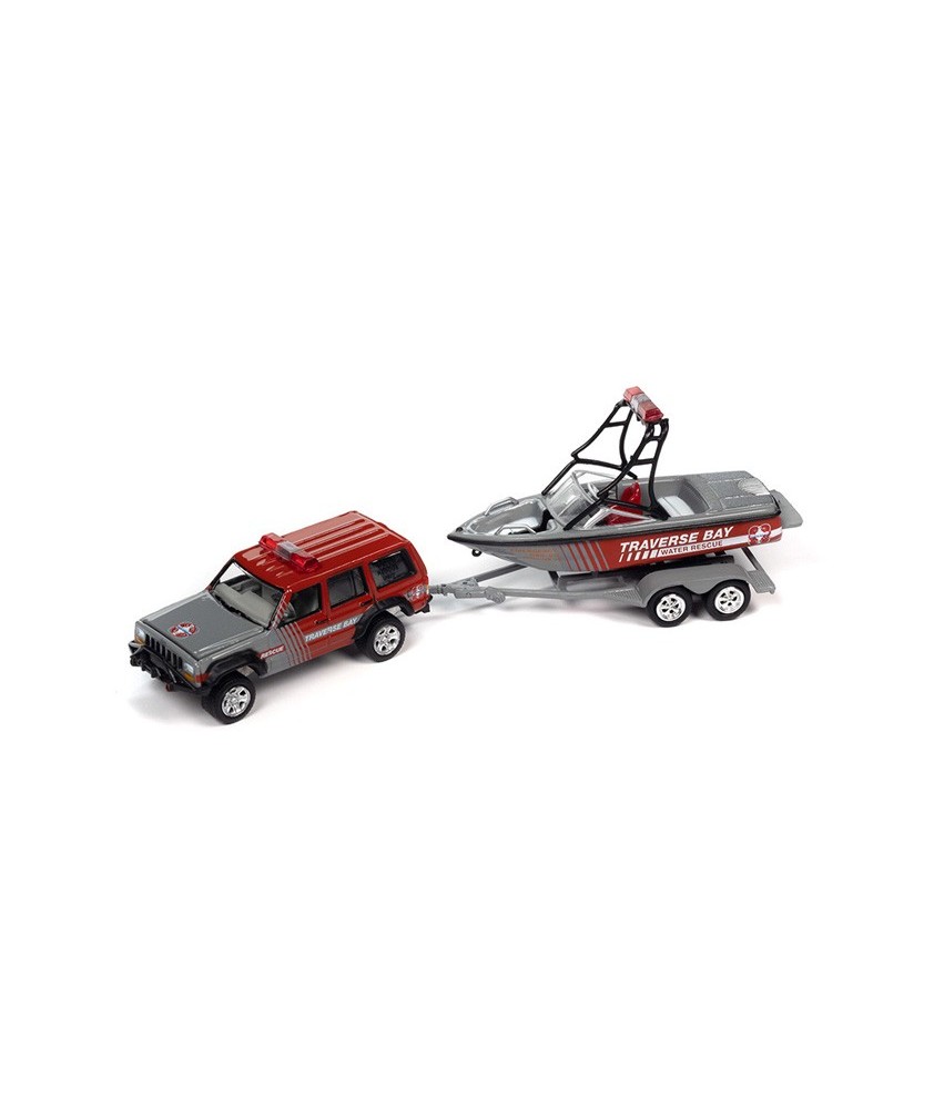 Johnny Lightning Truck and Trailer 2023 Release 2B - 1988 Jeep Cherokee with Mastercraft Boat and Trailer