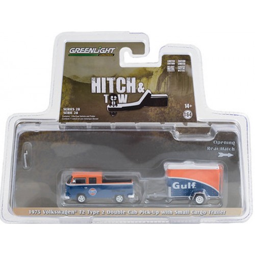 Greenlight Hitch and Tow Series 28 - 1975 Volkswagen T2 Double Cab Pick-Up with Cargo Trailer