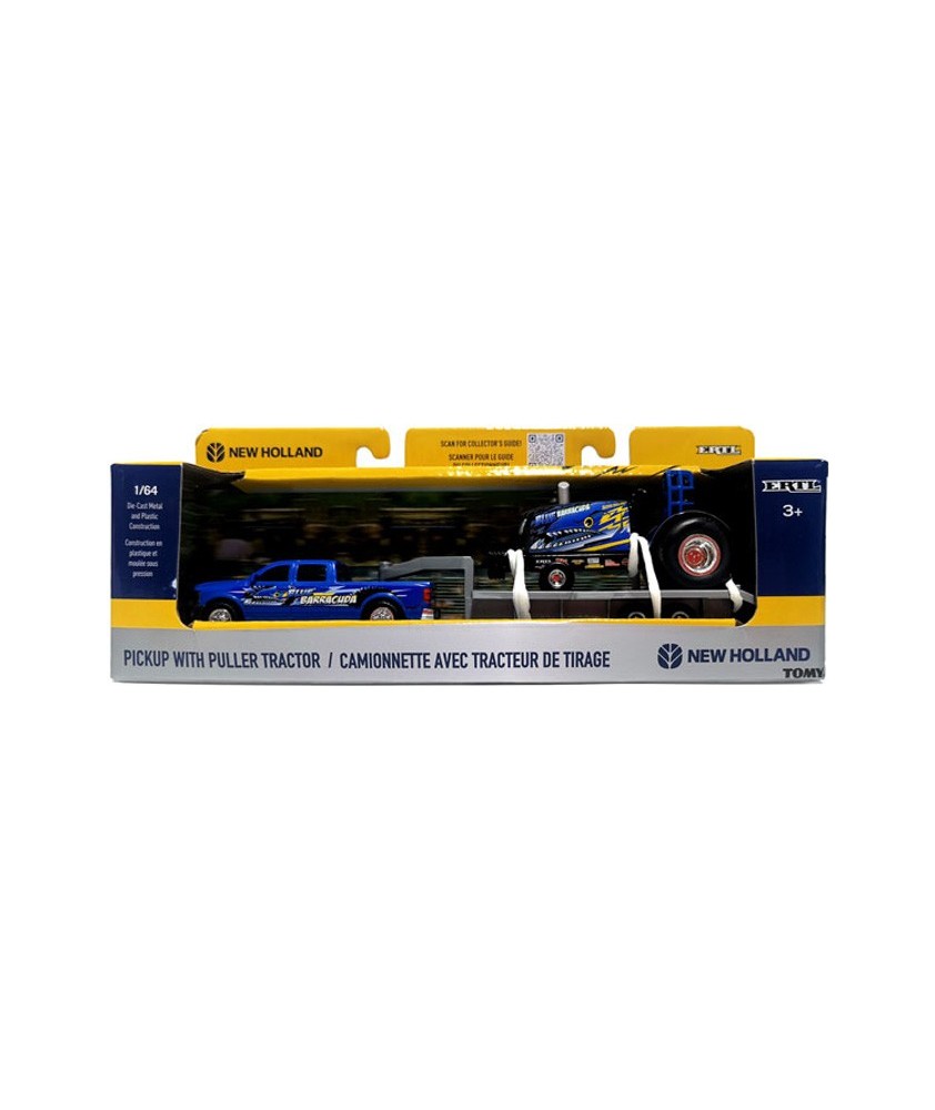 ERTL 1/64 New Holland Blue Barracuda Pulling Tractor With Truck & Trailer - 47570