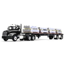 DCP by First Gear - Mack Pinnacle Day Cab with Wilson Roadbrute Flatbed Spread-Axle Trailer with Tube Load