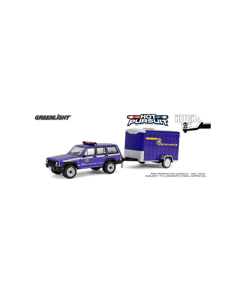 Greenlight Hot Pursuit Hitch and Tow Series 1 - 2001 Jeep Cherokee with Small Cargo Trailer New York State Police