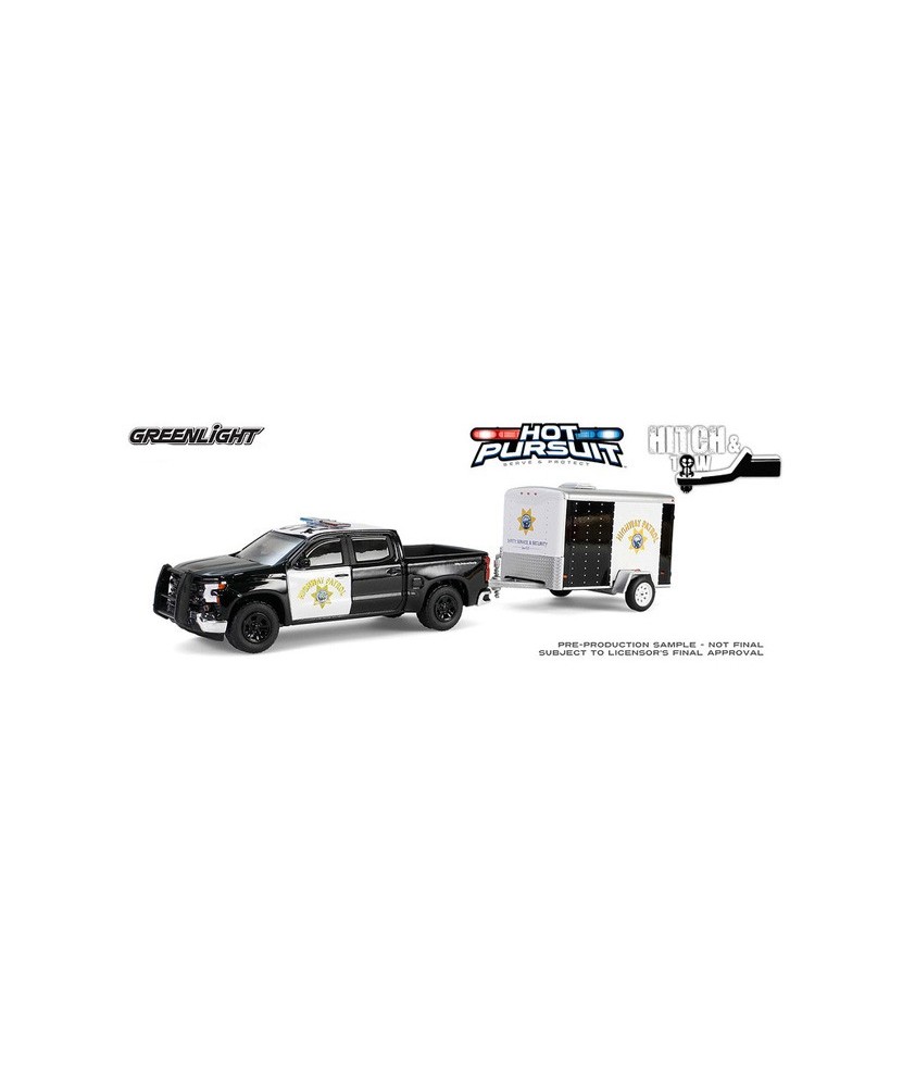 Greenlight Hot Pursuit Hitch and Tow Series 1 - 2023 Chevrolet Silverado with Small Cargo Trailer California Highway Patrol Greenlight Hot Pursuit Hitch and Tow Series 1 - 2023 Chevrolet Silverado with Small Cargo Trailer California Highway Patrol