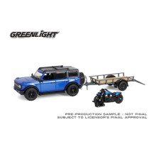 Greenlight Hitch and Tow Series 32 - 2021 Ford Bronco Black Diamond with Utility Trailer and Motorcycle