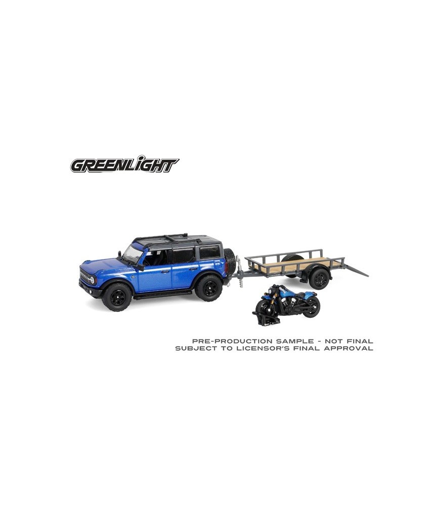 Greenlight Hitch and Tow Series 32 - 2021 Ford Bronco Black Diamond with Utility Trailer and Motorcycle Greenlight Hitch and Tow Series 32 - 2021 Ford Bronco Black Diamond with Utility Trailer and Motorcycle
