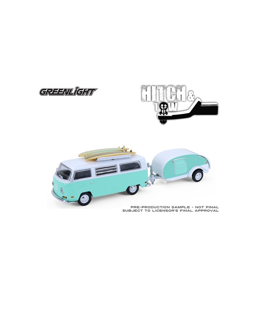 Greenlight Hitch and Tow Series 33 - 1971 Volkswagen Type 2 Van with Surfboards and Teardrop Trailer