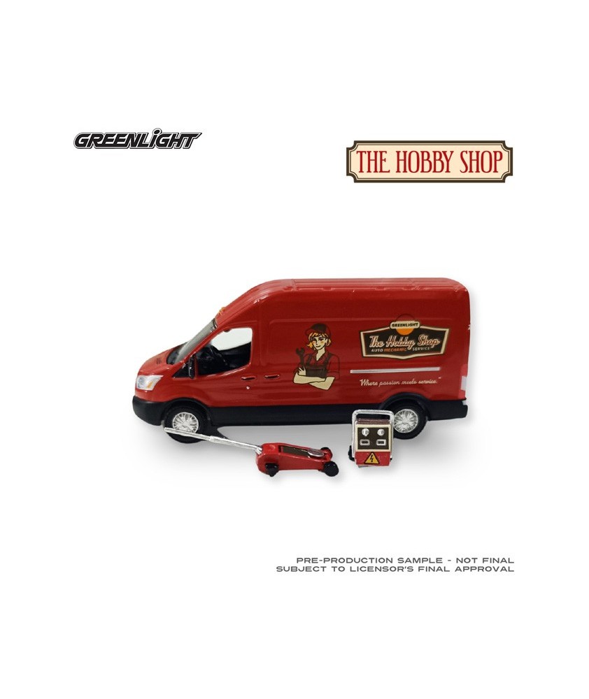 Greenlight The Hobby Shop Series 17 - 2019 Ford Transit LWB High Roof Mobile Mechanic with Car Jack and Battery Charger