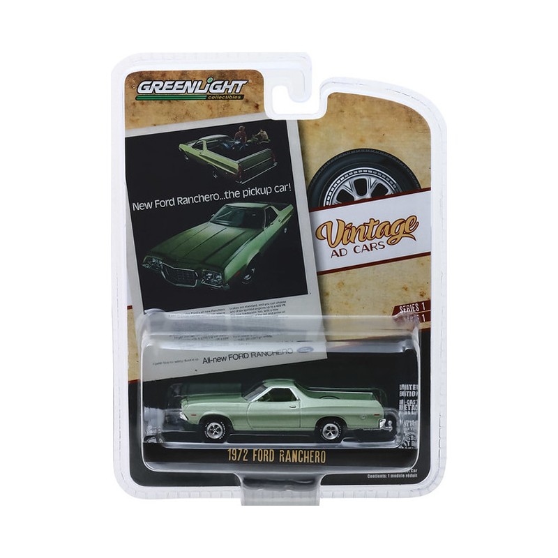 1/64 GREENLIGHT VANTAGE AD CARS 1972 FORD RANCHERO PICKUP GREEN METALLIC 