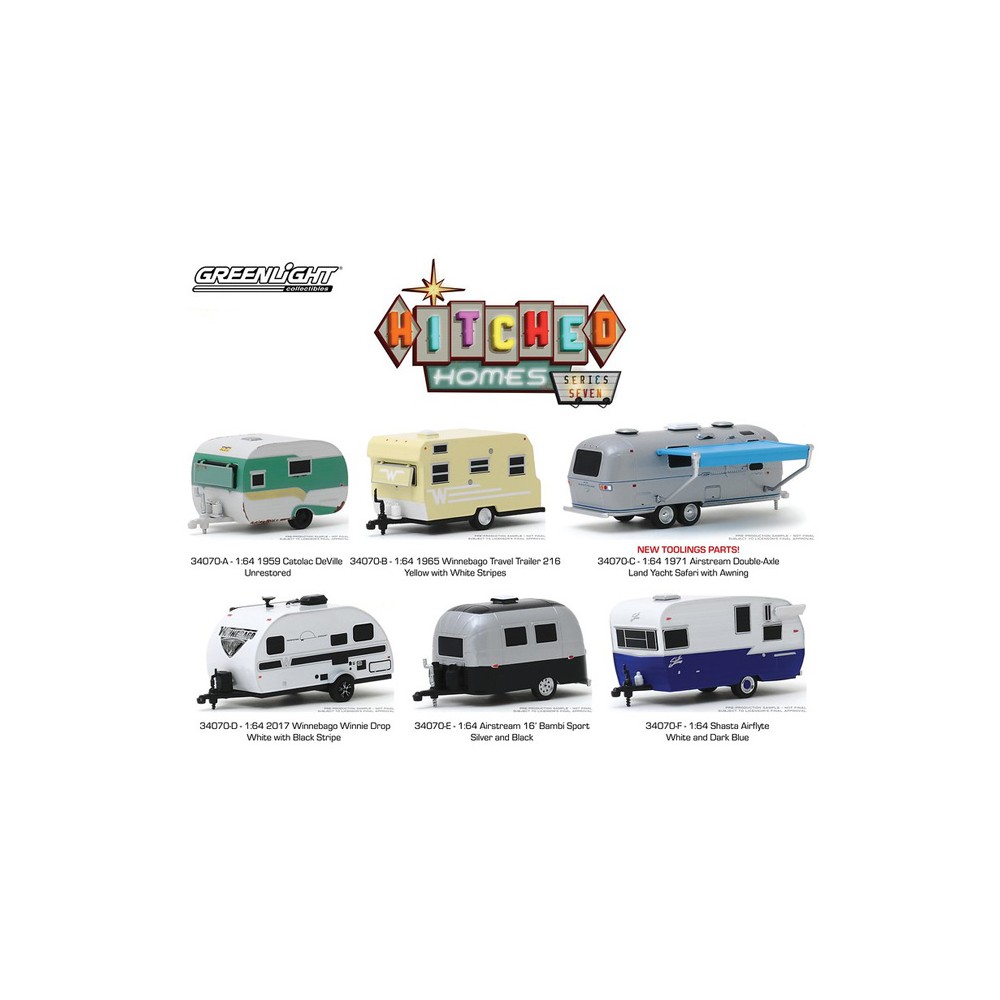 1:64 GreenLight *HITCHED HOMES 4* BLACK & WHITE Shasta Airflyte Camper Hitch Tow 