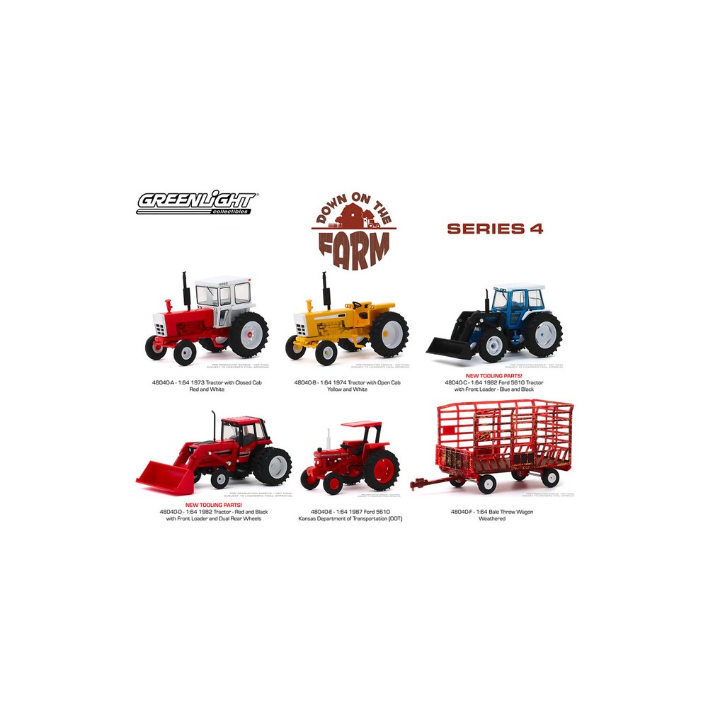 GREENLIGHT 48040 DOWN ON THE FARM SERIES 4 SET OF 6 DIECAST TRACTOR MODELS 1:64