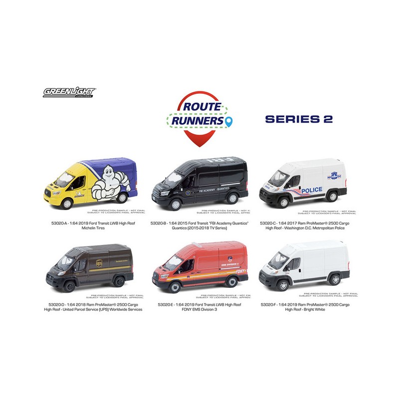 2020 GREENLIGHT 2019 FORD TRANSIT FORD POLICE VAN ROUTE RUNNERS SERIES 1 1:64 