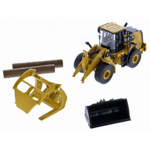 Diecast Masters CAT 950M Wheel Loader with Log Fork and Bucket Attachment