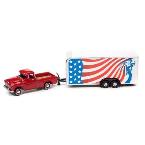 Johnny Lightning Truck and Trailer 2021 Release 1A - 1955 Chevy Cameo with Enclosed Car Trailer