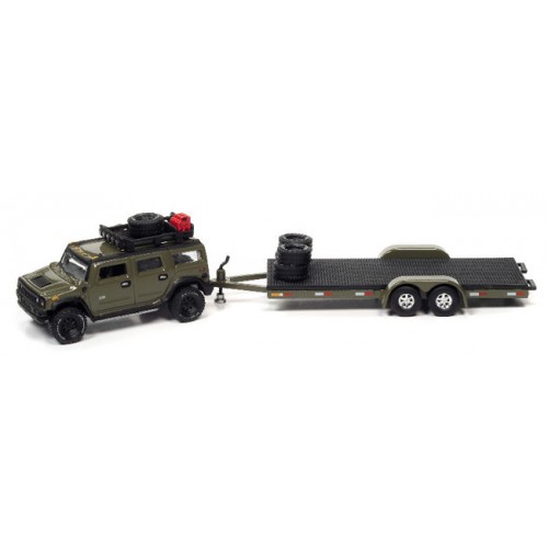 Johnny Lightning Truck and Trailer 2021 Release 1A - 2004 Hummer H2 with Open Car Trailer