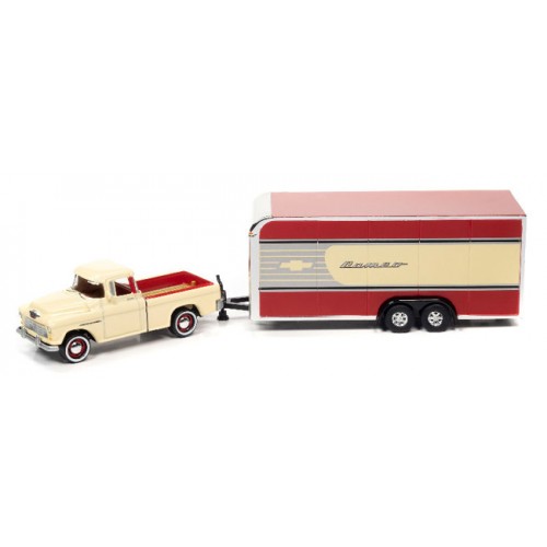 Johnny Lightning Truck and Trailer 2021 Release 1B - 1955 Chevy Cameo with Enclosed Car Trailer