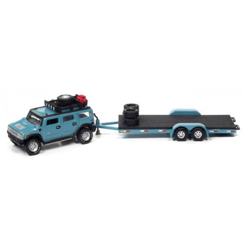 Johnny Lightning Truck and Trailer 2021 Release 1B - 2004 Hummer H2 with Open Car Trailer