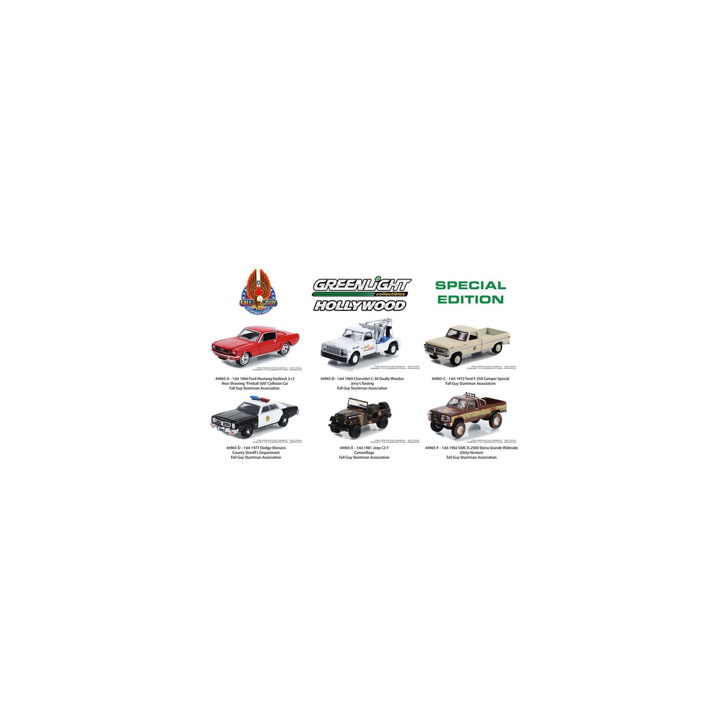 Greenlight Hollywood Special Edition - Fall Guy Stuntman Association Six Car Set